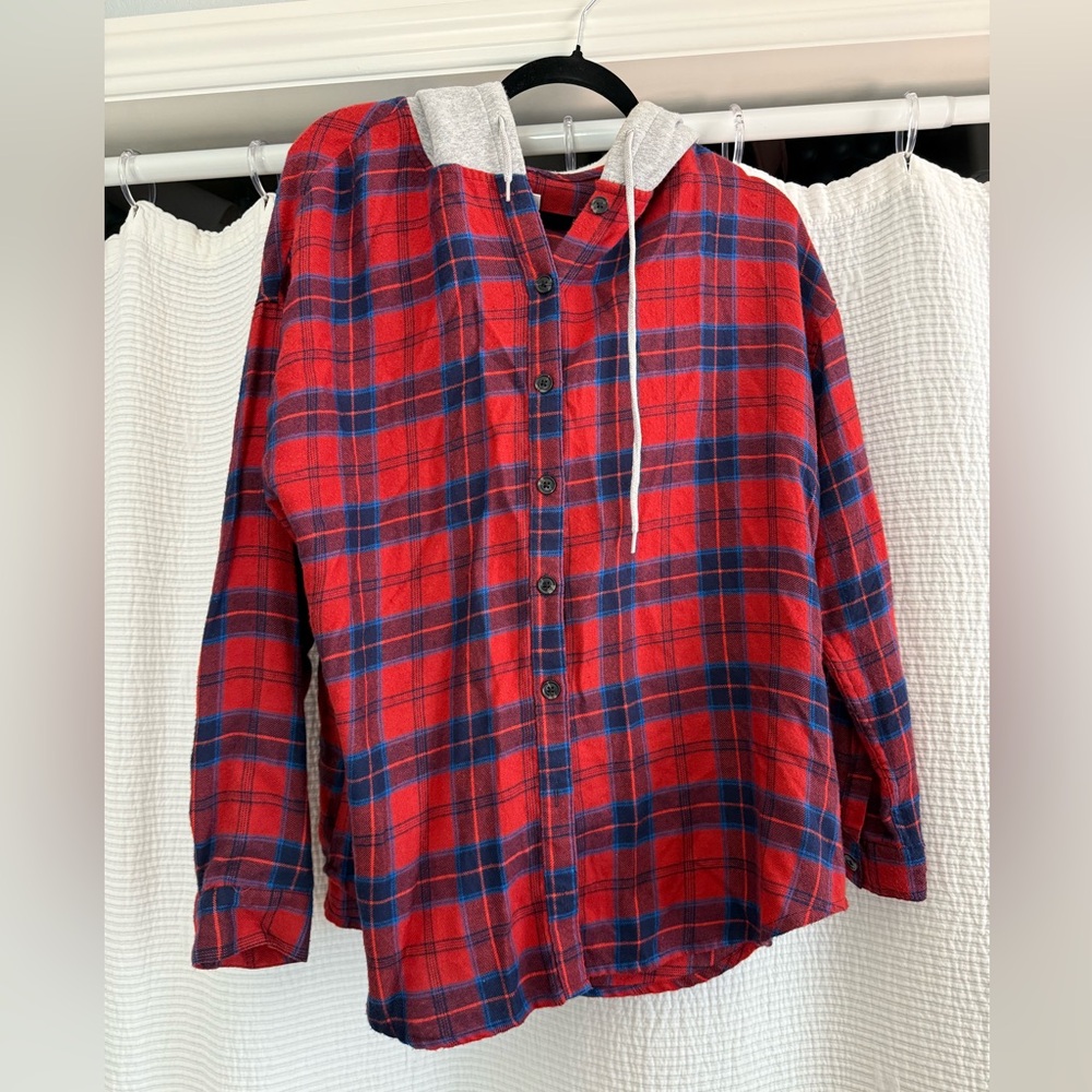 BDG Red and Blue Plaid Shirt with Gray Hood